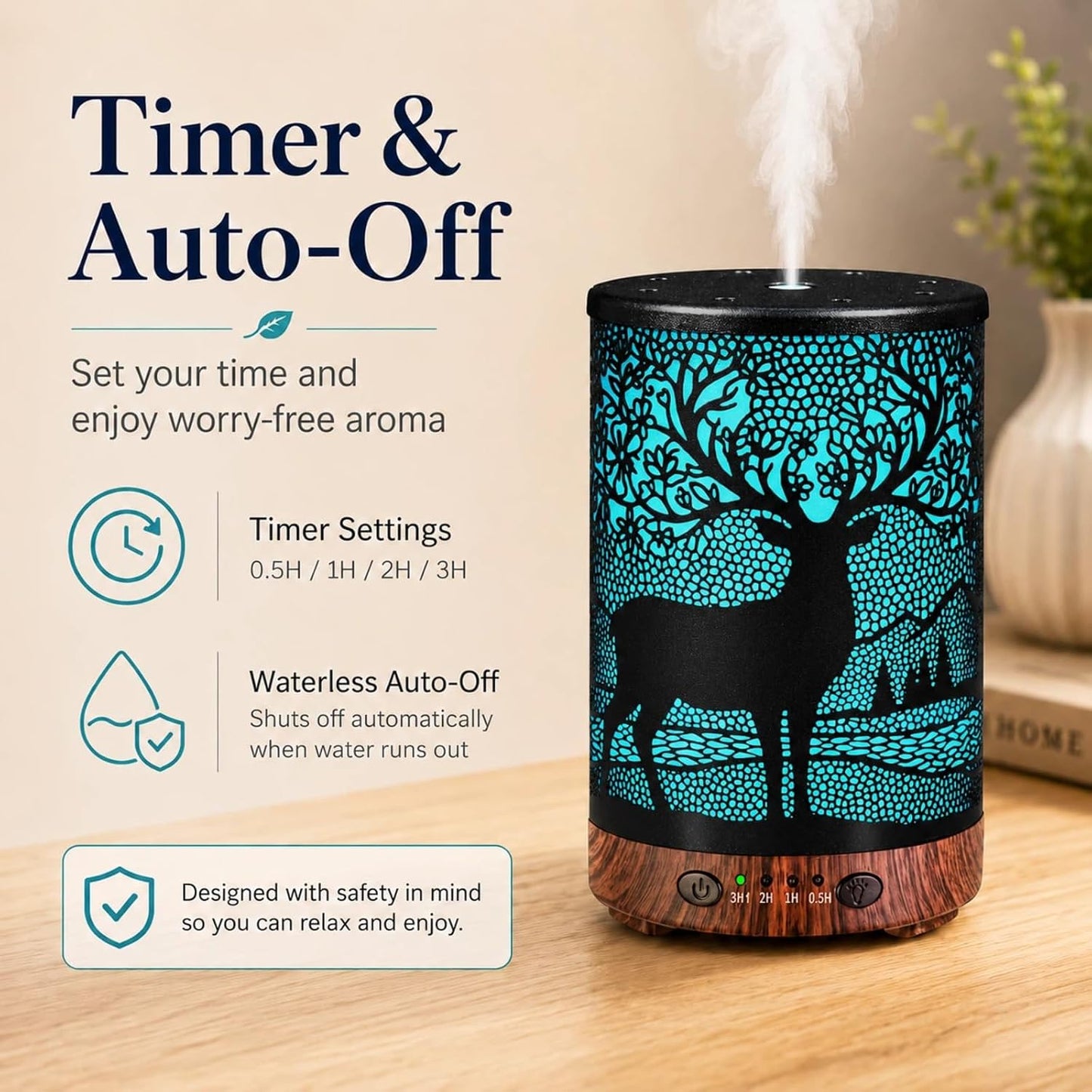 Essential Oil Diffuser 120ML Metal Aromatherapy Diffuser with Timer, Cool Mist Humidifier with Auto Shut-Off & 7 Color Lights for Home Office Spa (Tree)