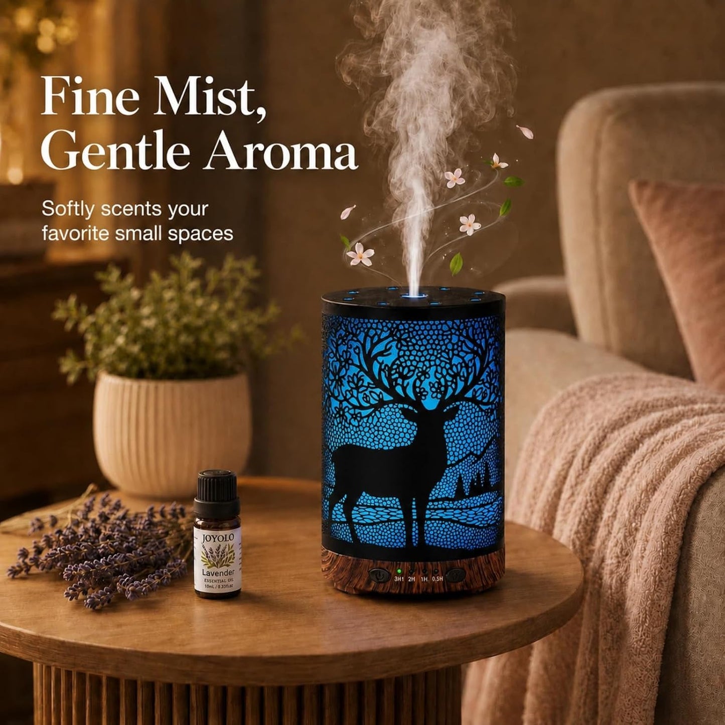Essential Oil Diffuser 120ML Metal Aromatherapy Diffuser with Timer, Cool Mist Humidifier with Auto Shut-Off & 7 Color Lights for Home Office Spa (Tree)