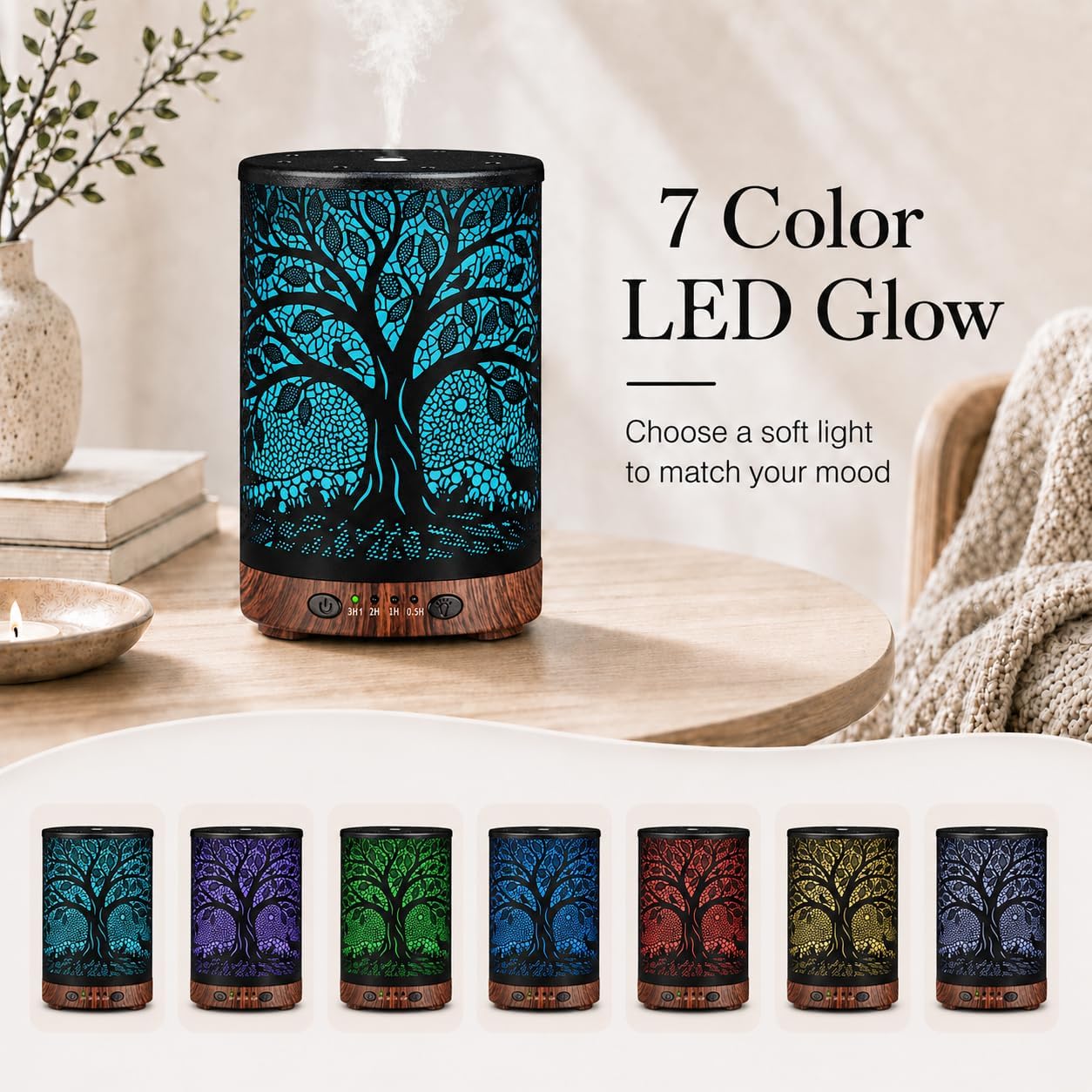 Essential Oil Diffuser 120ML Metal Aromatherapy Diffuser with Timer, Cool Mist Humidifier with Auto Shut-Off & 7 Color Lights for Home Office Spa (Tree)