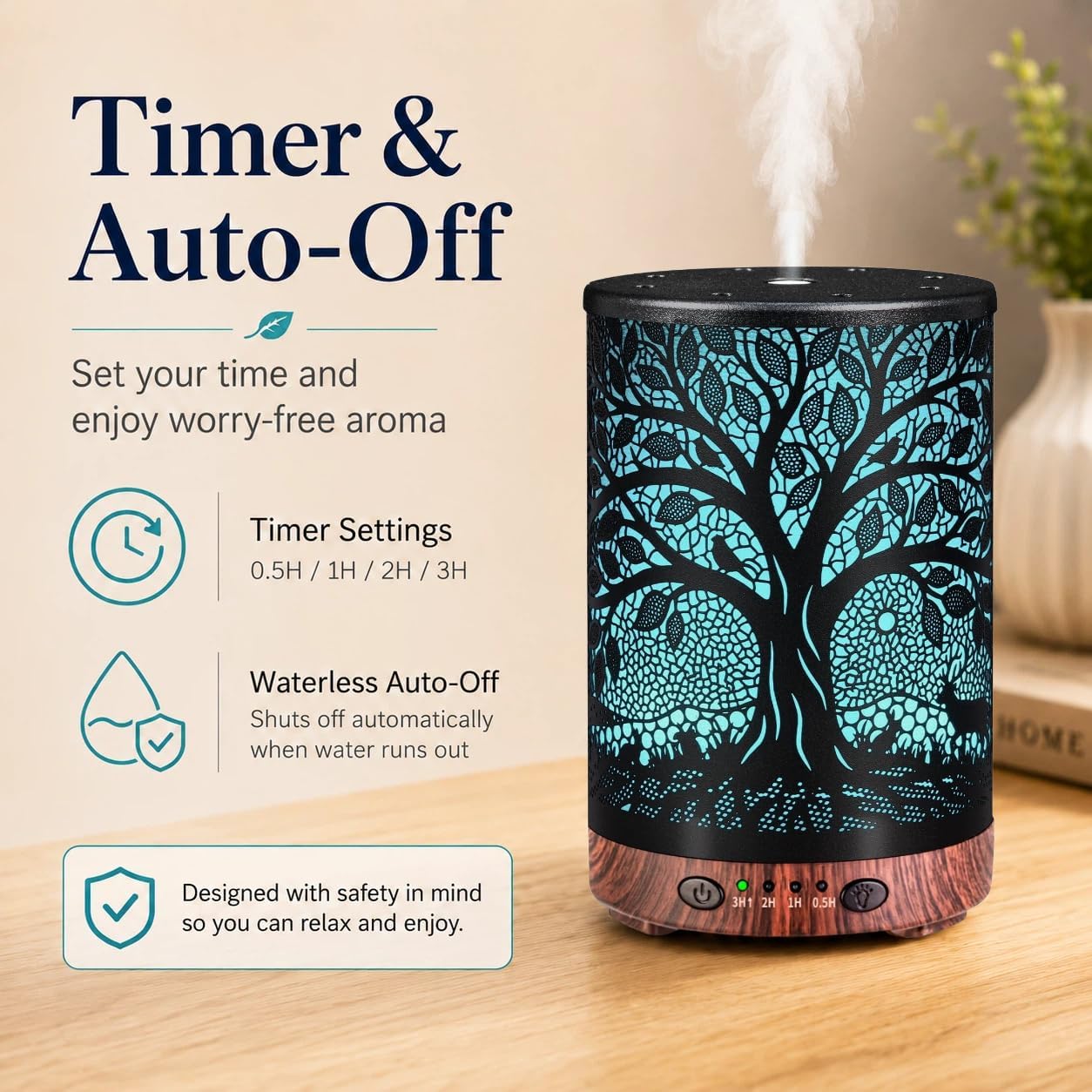 Essential Oil Diffuser 120ML Metal Aromatherapy Diffuser with Timer, Cool Mist Humidifier with Auto Shut-Off & 7 Color Lights for Home Office Spa (Tree)