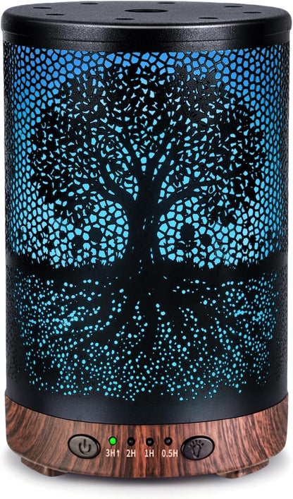 Essential Oil Diffuser 120ML Metal Aromatherapy Diffuser with Timer, Cool Mist Humidifier with Auto Shut-Off & 7 Color Lights for Home Office Spa (Tree)