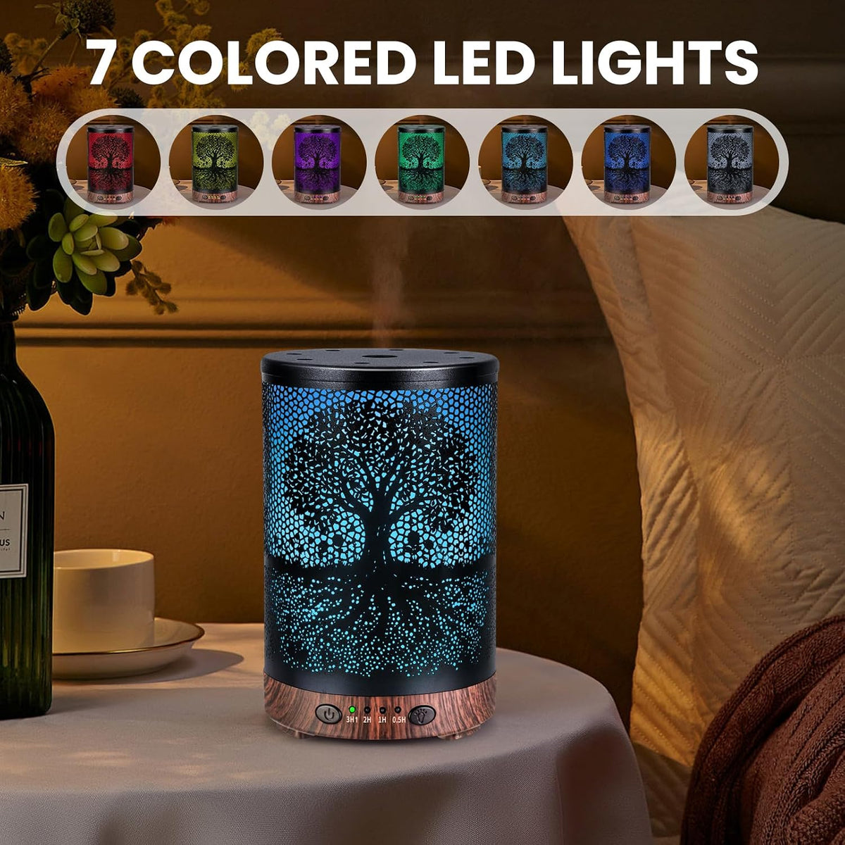 Essential Oil Diffuser 120ML Metal Aromatherapy Diffuser with Timer, Cool Mist Humidifier with Auto Shut-Off & 7 Color Lights for Home Office Spa (Tree)