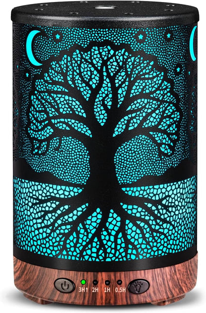 Essential Oil Diffuser 120ML Metal Aromatherapy Diffuser with Timer, Cool Mist Humidifier with Auto Shut-Off & 7 Color Lights for Home Office Spa (Tree)