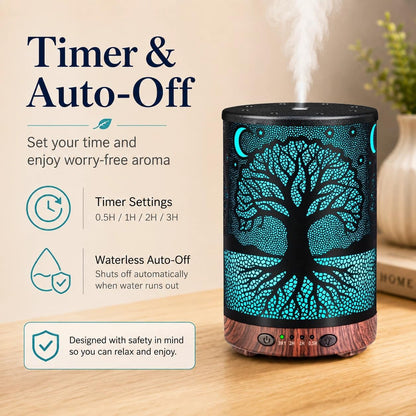 Essential Oil Diffuser 120ML Metal Aromatherapy Diffuser with Timer, Cool Mist Humidifier with Auto Shut-Off & 7 Color Lights for Home Office Spa (Tree)