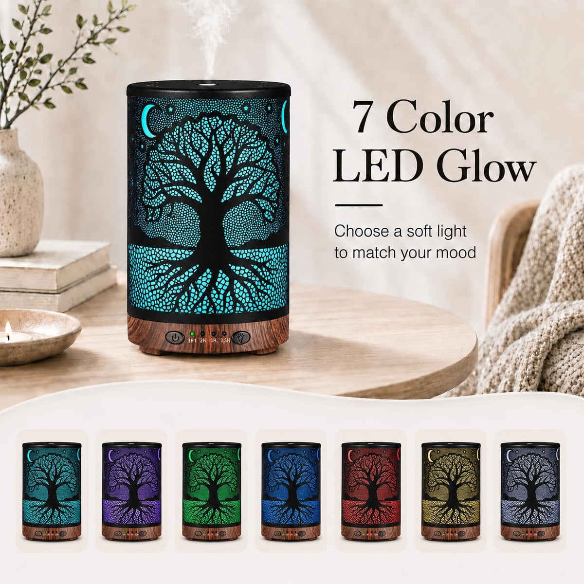 Essential Oil Diffuser 120ML Metal Aromatherapy Diffuser with Timer, Cool Mist Humidifier with Auto Shut-Off & 7 Color Lights for Home Office Spa (Tree)