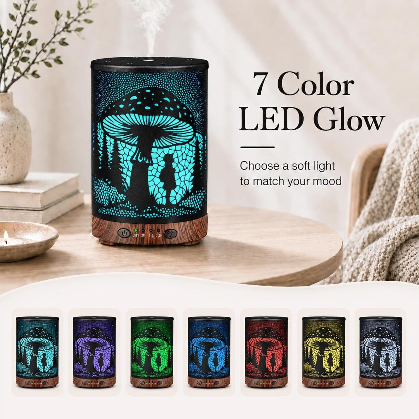 Essential Oil Diffuser 120ML Metal Aromatherapy Diffuser with Timer, Cool Mist Humidifier with Auto Shut-Off & 7 Color Lights for Home Office Spa (Tree)