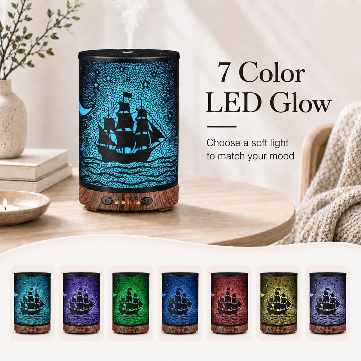 Essential Oil Diffuser 120ML Metal Aromatherapy Diffuser with Timer, Cool Mist Humidifier with Auto Shut-Off & 7 Color Lights for Home Office Spa (Tree)