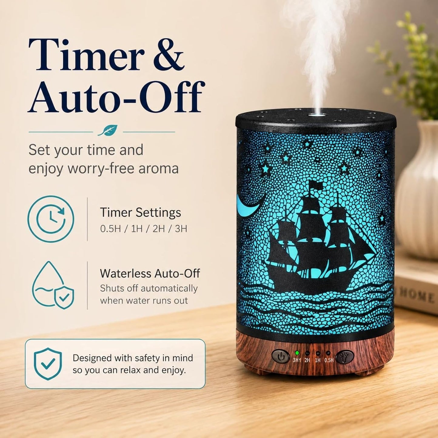 Essential Oil Diffuser 120ML Metal Aromatherapy Diffuser with Timer, Cool Mist Humidifier with Auto Shut-Off & 7 Color Lights for Home Office Spa (Tree)