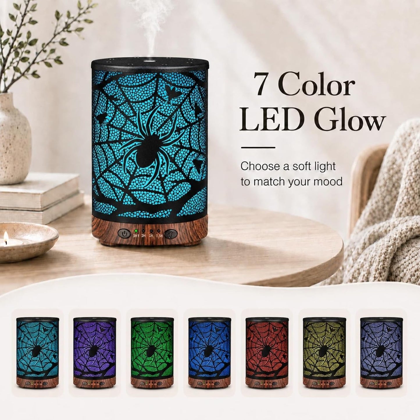Essential Oil Diffuser 120ML Metal Aromatherapy Diffuser with Timer, Cool Mist Humidifier with Auto Shut-Off & 7 Color Lights for Home Office Spa (Tree)
