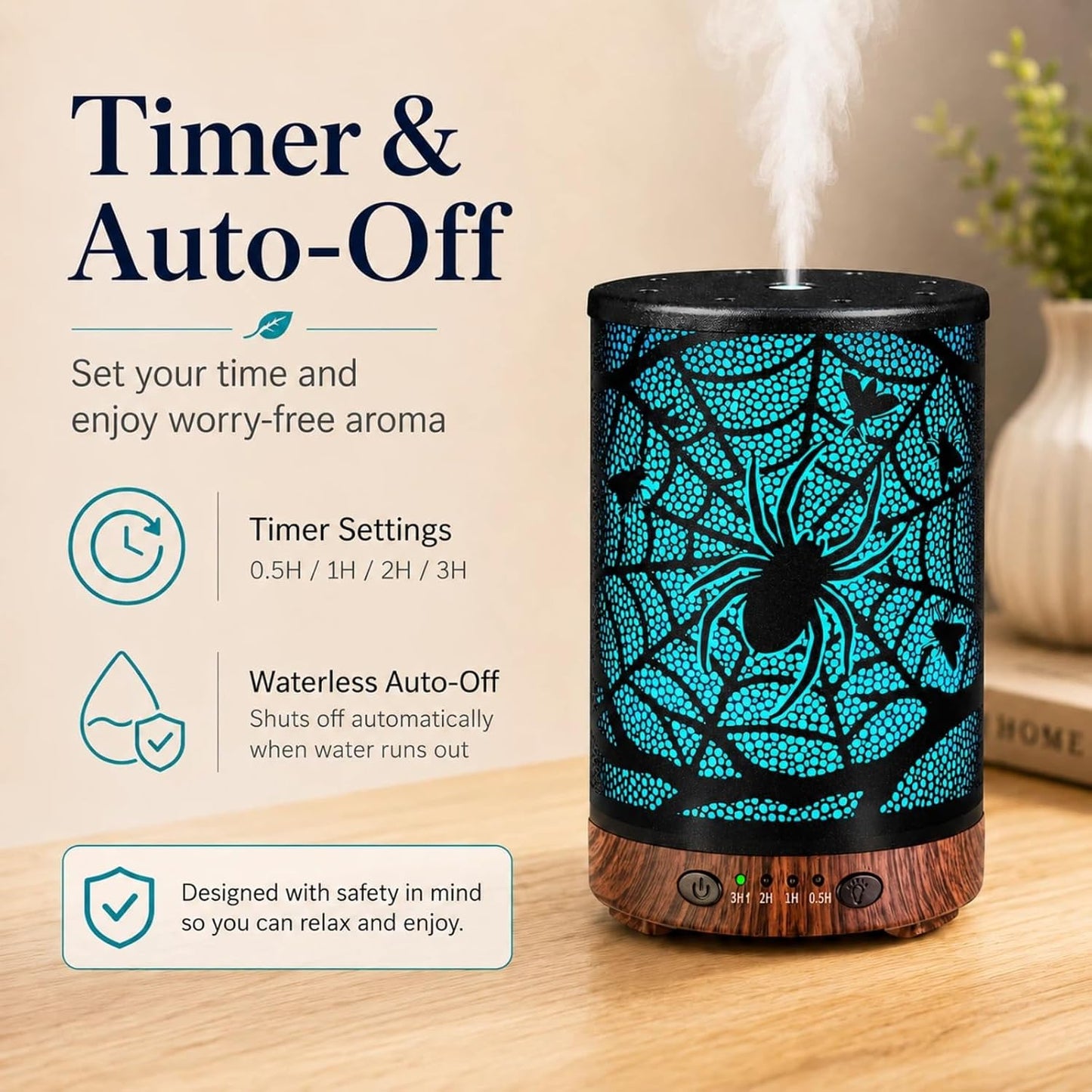 Essential Oil Diffuser 120ML Metal Aromatherapy Diffuser with Timer, Cool Mist Humidifier with Auto Shut-Off & 7 Color Lights for Home Office Spa (Tree)
