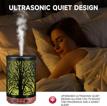 Essential Oil Diffuser 120ML Metal Aromatherapy Diffuser with Timer, Cool Mist Humidifier with Auto Shut-Off & 7 Color Lights for Home Office Spa (Tree)