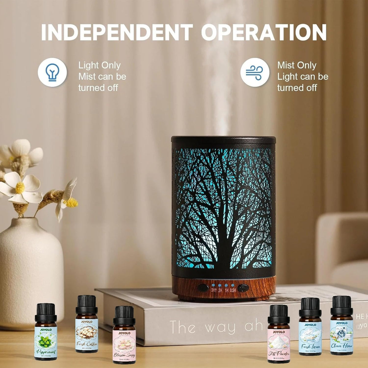 Essential Oil Diffuser 120ML Metal Aromatherapy Diffuser with Timer, Cool Mist Humidifier with Auto Shut-Off & 7 Color Lights for Home Office Spa (Tree)