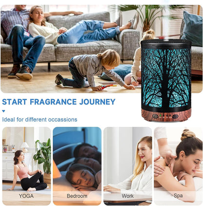 Essential Oil Diffuser 120ML Metal Aromatherapy Diffuser with Timer, Cool Mist Humidifier with Auto Shut-Off & 7 Color Lights for Home Office Spa (Tree)