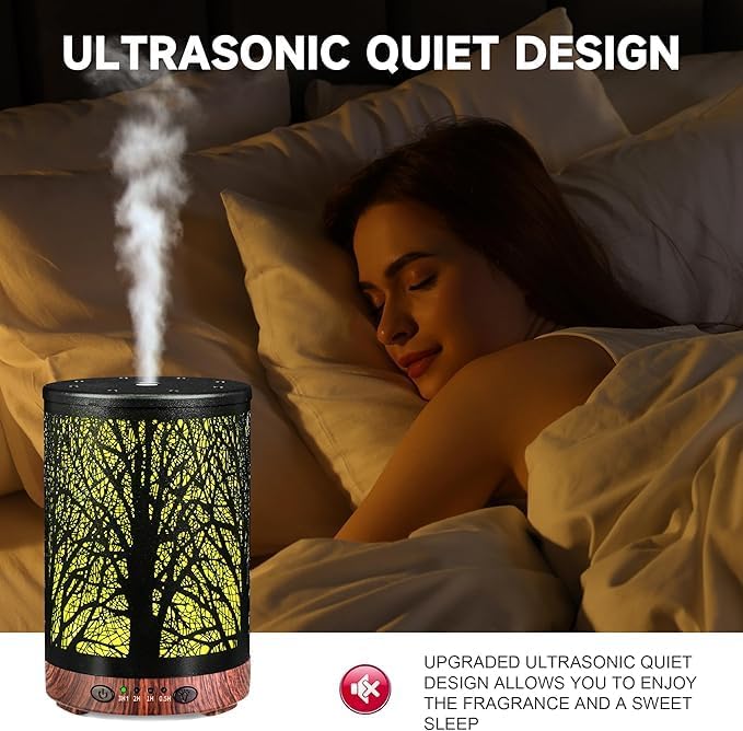 Essential Oil Diffuser 120ML Metal Aromatherapy Diffuser with Timer, Cool Mist Humidifier with Auto Shut-Off & 7 Color Lights for Home Office Spa (Tree)