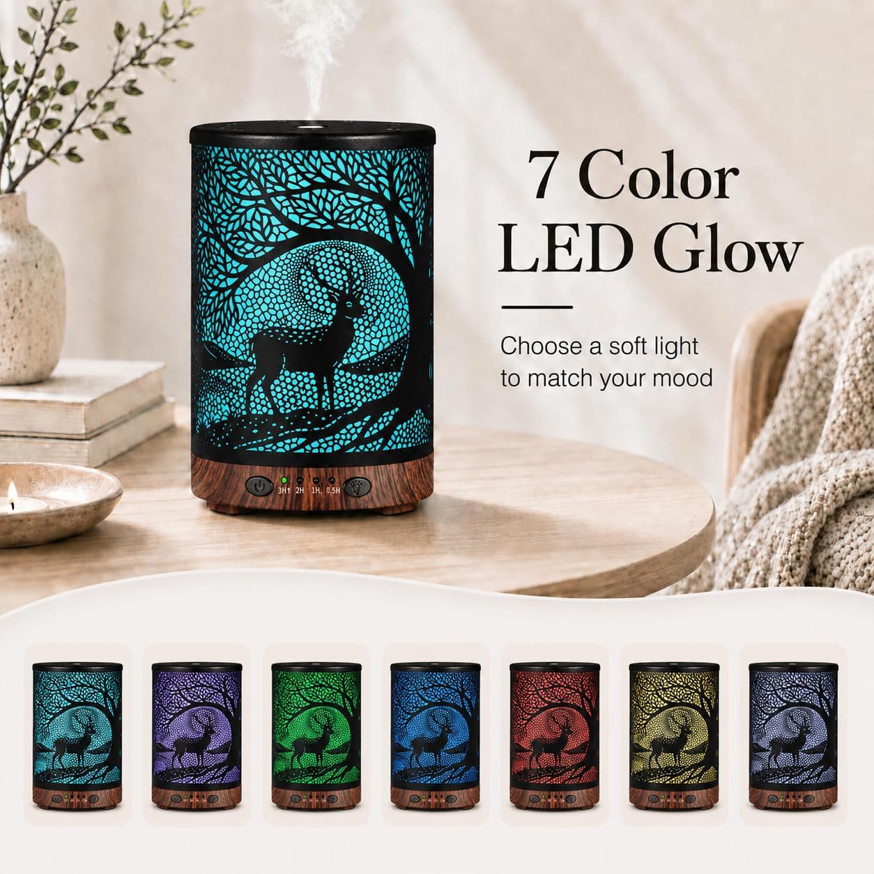 Essential Oil Diffuser 120ML Metal Aromatherapy Diffuser with Timer, Cool Mist Humidifier with Auto Shut-Off & 7 Color Lights for Home Office Spa (Tree)