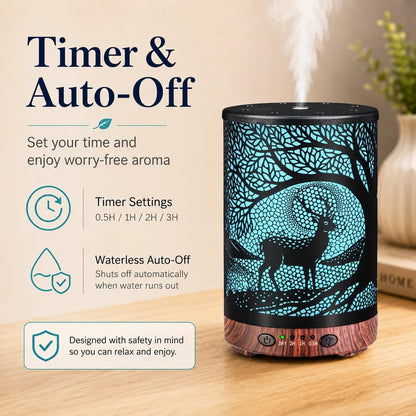 Essential Oil Diffuser 120ML Metal Aromatherapy Diffuser with Timer, Cool Mist Humidifier with Auto Shut-Off & 7 Color Lights for Home Office Spa (Tree)