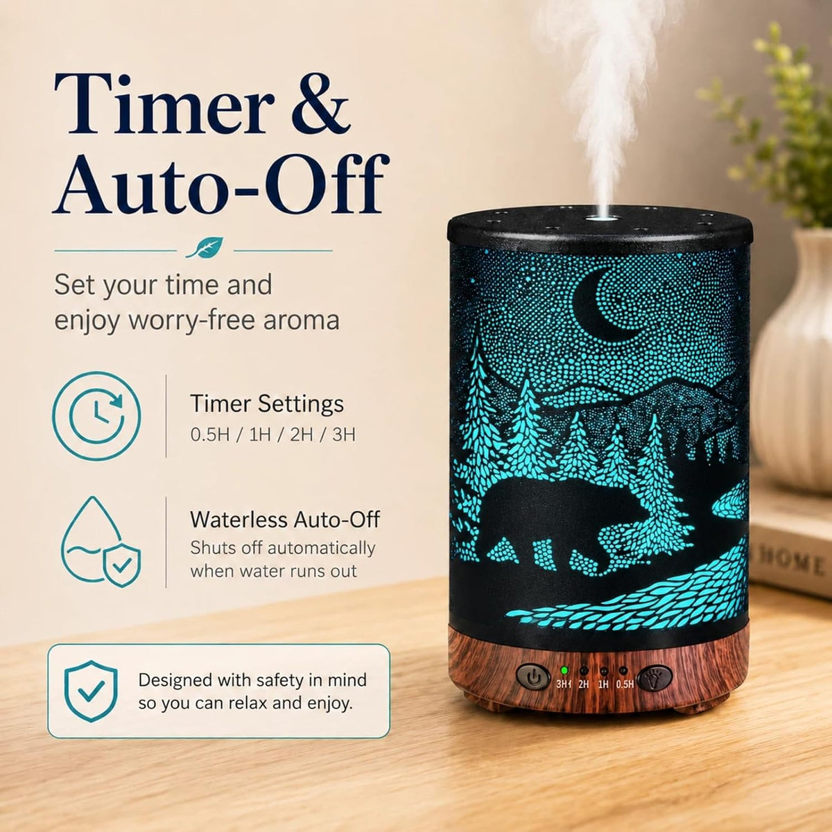 Essential Oil Diffuser 120ML Metal Aromatherapy Diffuser with Timer, Cool Mist Humidifier with Auto Shut-Off & 7 Color Lights for Home Office Spa (Tree)