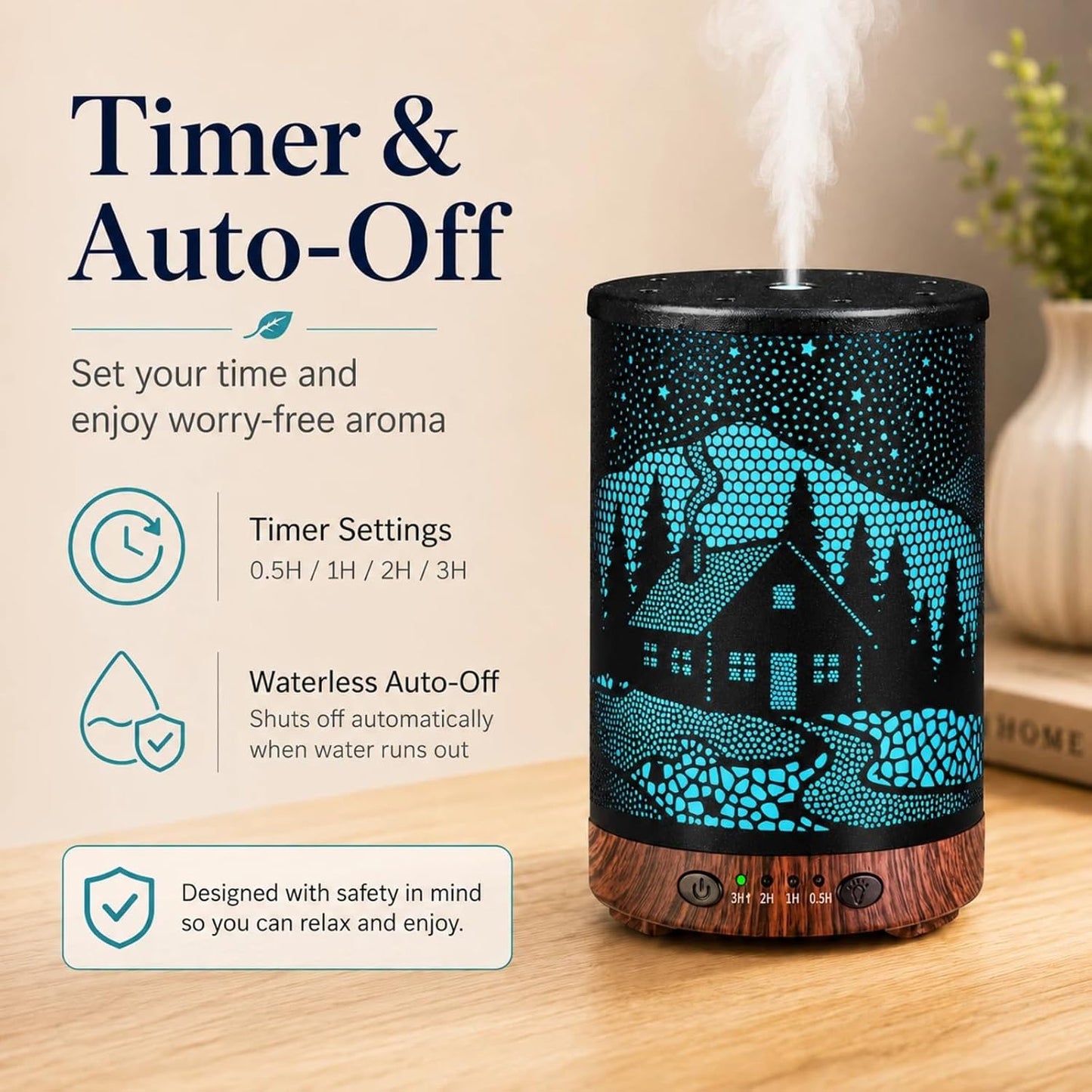 Essential Oil Diffuser 120ML Metal Aromatherapy Diffuser with Timer, Cool Mist Humidifier with Auto Shut-Off & 7 Color Lights for Home Office Spa (Tree)