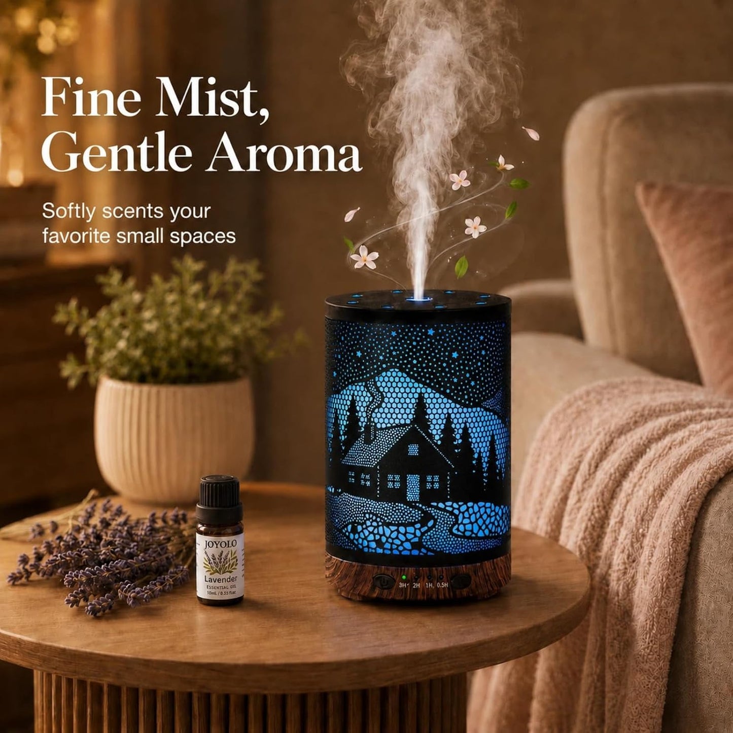 Essential Oil Diffuser 120ML Metal Aromatherapy Diffuser with Timer, Cool Mist Humidifier with Auto Shut-Off & 7 Color Lights for Home Office Spa (Tree)