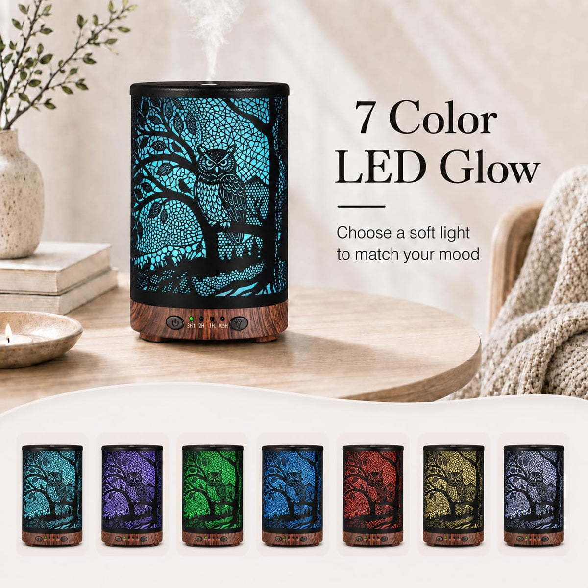 Essential Oil Diffuser 120ML Metal Aromatherapy Diffuser with Timer, Cool Mist Humidifier with Auto Shut-Off & 7 Color Lights for Home Office Spa (Tree)
