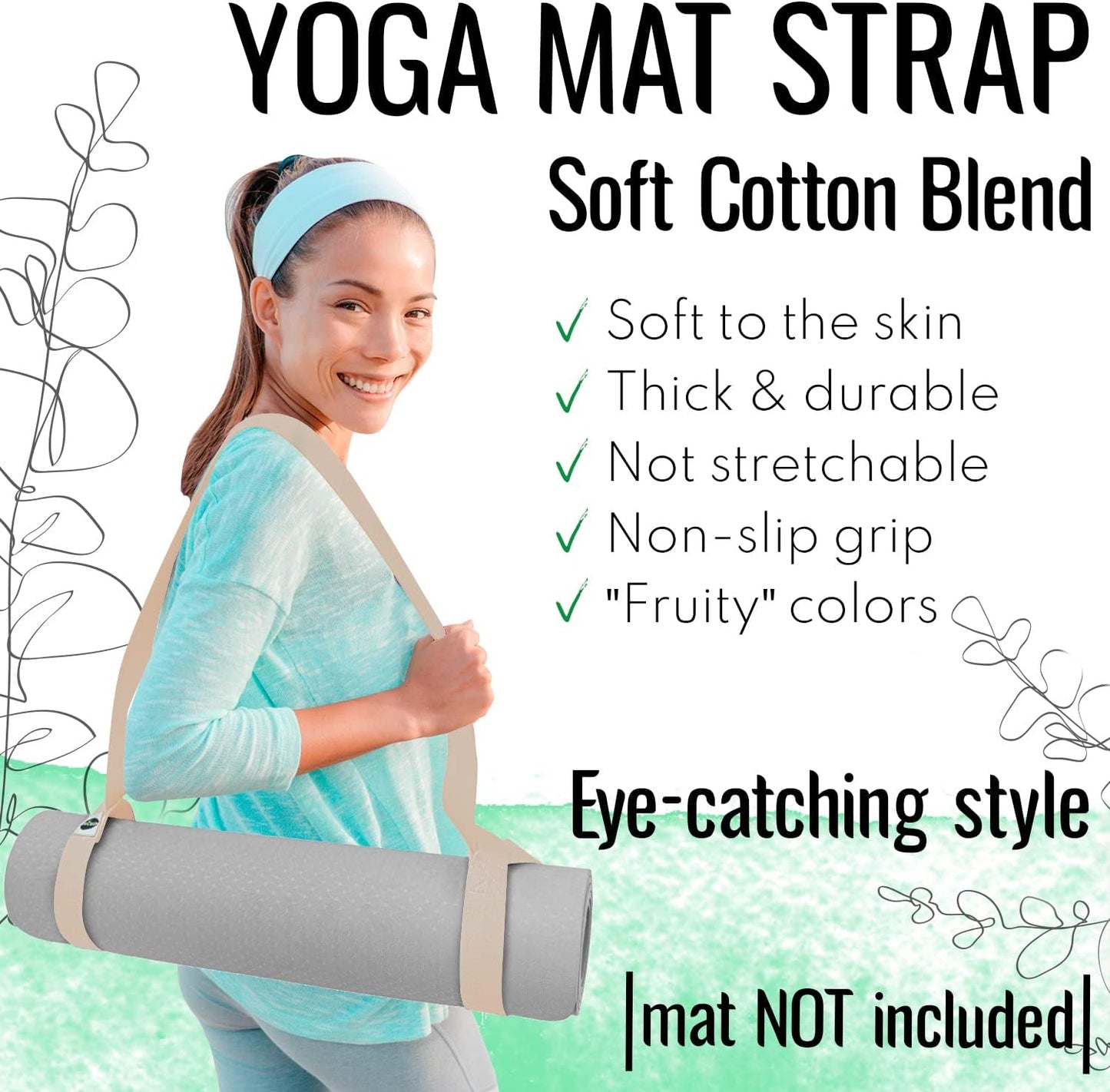 Yoga Mat Strap – Extra Soft & Thick Cotton Carrier for All Mats | Adjustable Skin-friendly & Non-Slip Mat Holder Sling in 30+ Colors [Mat Not Included]