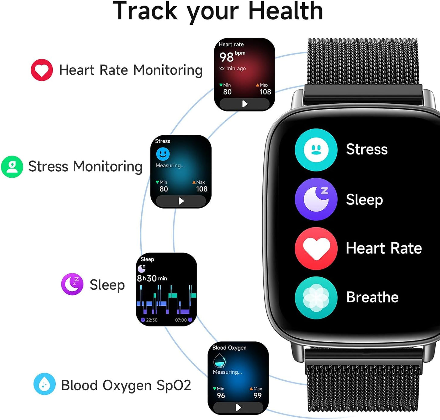 Smart Watch for Women, 1.85" HD Smartwatch Compatible iPhone/Samsung/Android (Answer/Make Calls), 100+ Sport Modes Fitness Tracker with Heart Rate/Sleep/SpO2 Monitor, IP68 Waterproof, with 2 Bands