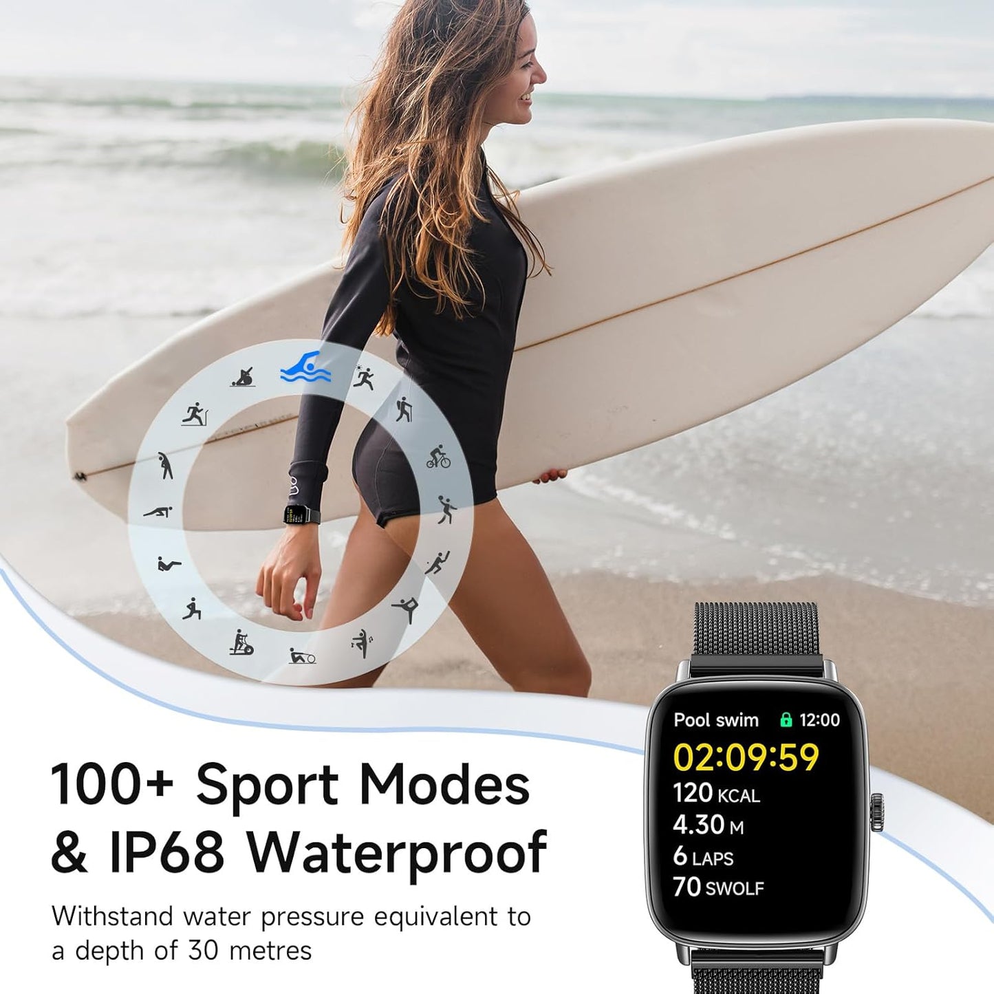 Smart Watch for Women, 1.85" HD Smartwatch Compatible iPhone/Samsung/Android (Answer/Make Calls), 100+ Sport Modes Fitness Tracker with Heart Rate/Sleep/SpO2 Monitor, IP68 Waterproof, with 2 Bands