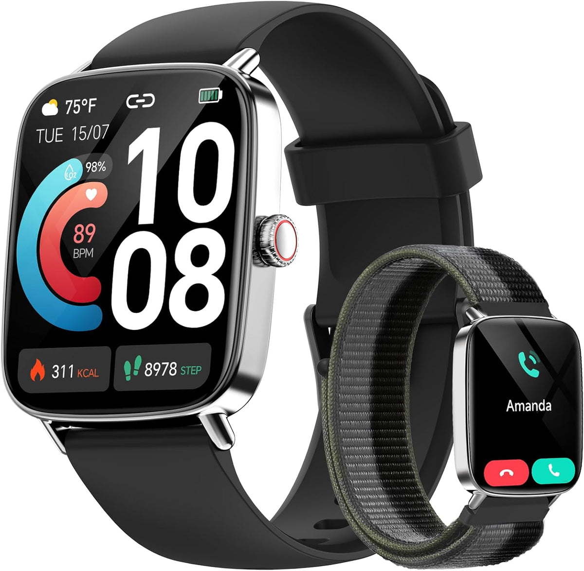 Smart Watch for Women, 1.85" HD Smartwatch Compatible iPhone/Samsung/Android (Answer/Make Calls), 100+ Sport Modes Fitness Tracker with Heart Rate/Sleep/SpO2 Monitor, IP68 Waterproof, with 2 Bands