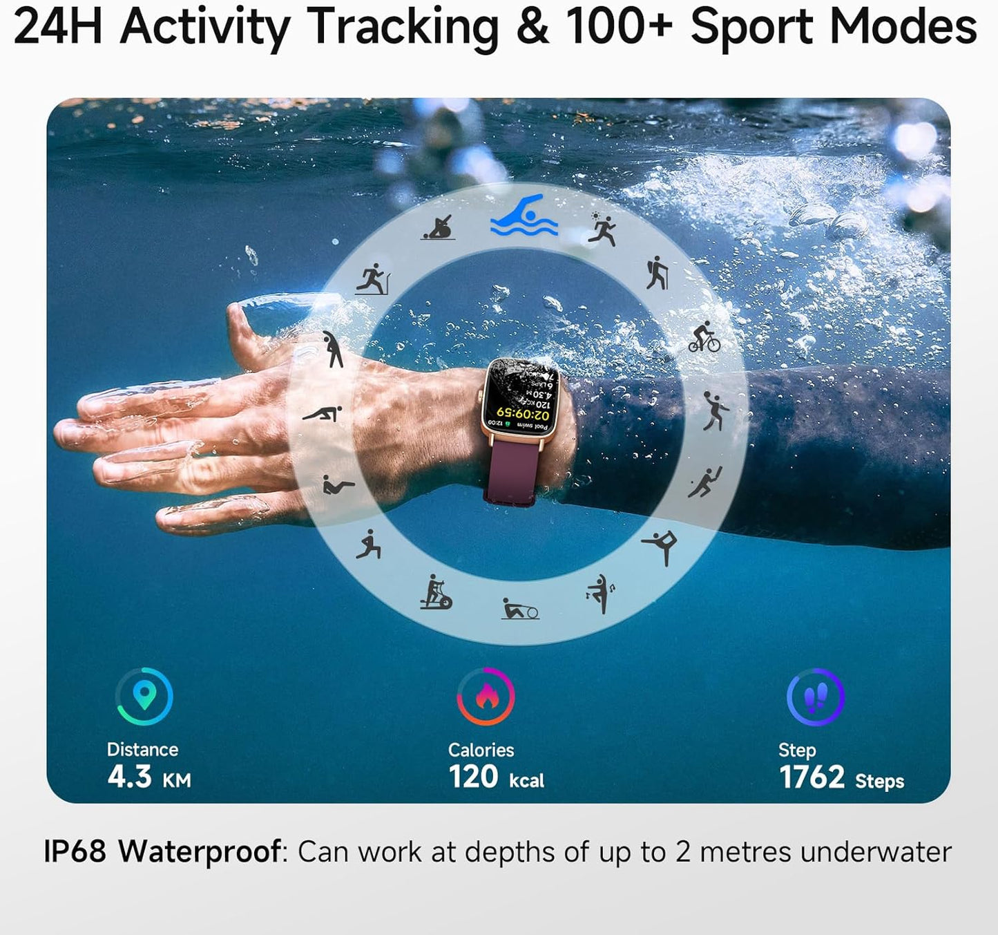 Smart Watch for Women, 1.85" HD Smartwatch Compatible iPhone/Samsung/Android (Answer/Make Calls), 100+ Sport Modes Fitness Tracker with Heart Rate/Sleep/SpO2 Monitor, IP68 Waterproof, with 2 Bands
