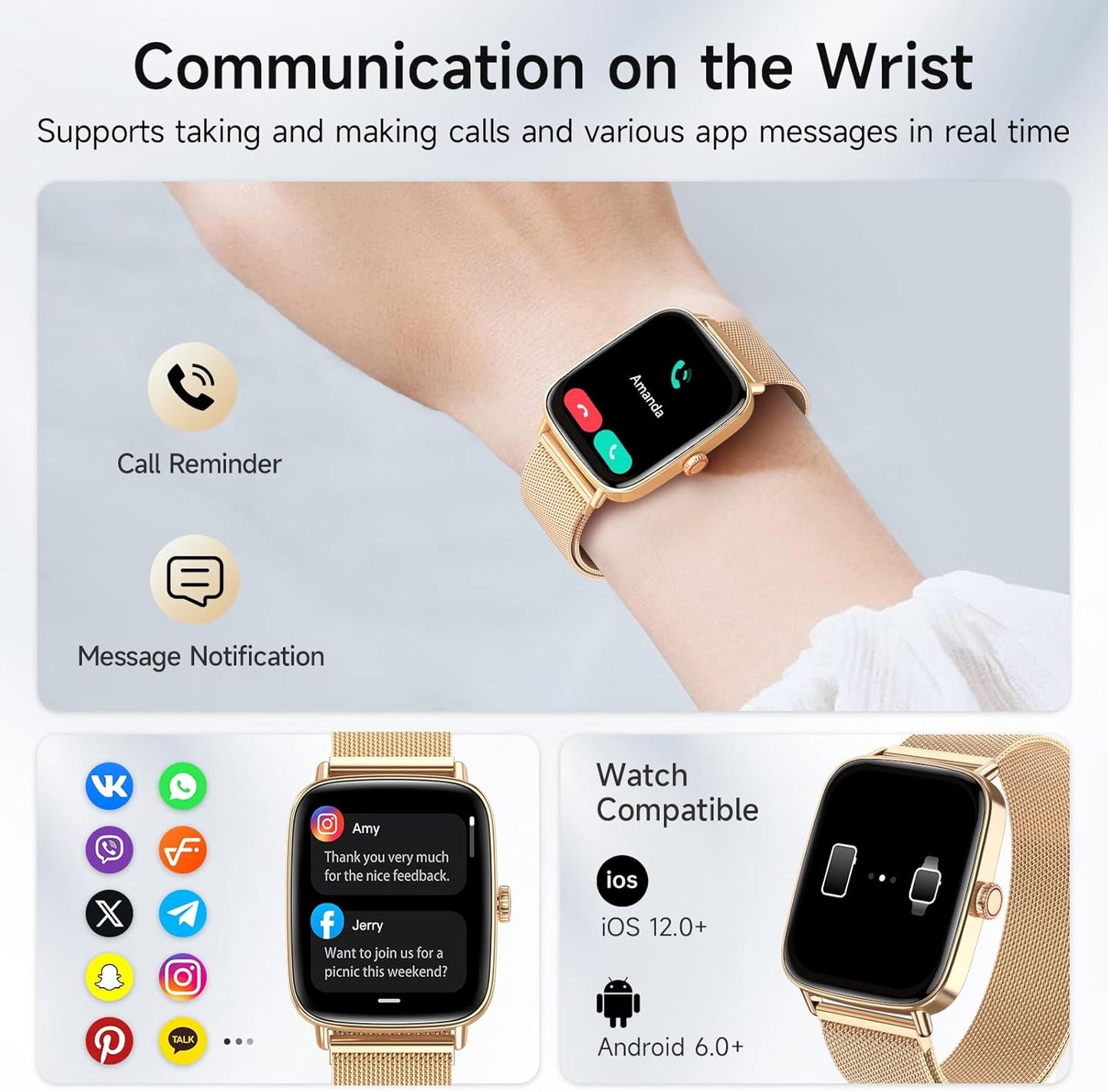 Smart Watch for Women, 1.85" HD Smartwatch Compatible iPhone/Samsung/Android (Answer/Make Calls), 100+ Sport Modes Fitness Tracker with Heart Rate/Sleep/SpO2 Monitor, IP68 Waterproof, with 2 Bands