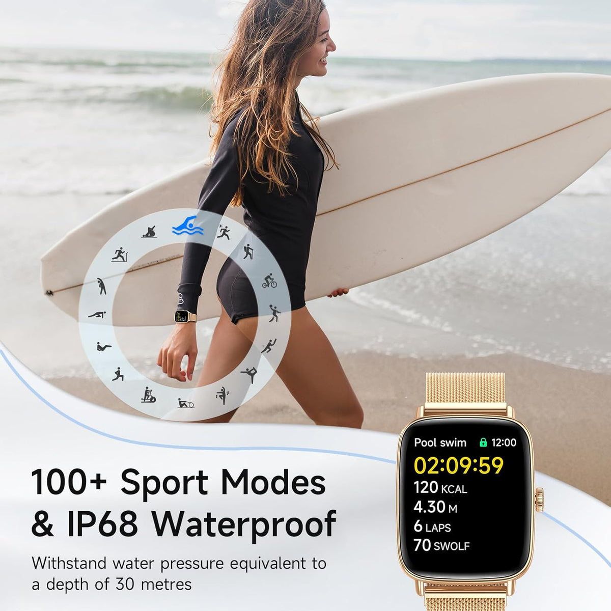 Smart Watch for Women, 1.85" HD Smartwatch Compatible iPhone/Samsung/Android (Answer/Make Calls), 100+ Sport Modes Fitness Tracker with Heart Rate/Sleep/SpO2 Monitor, IP68 Waterproof, with 2 Bands
