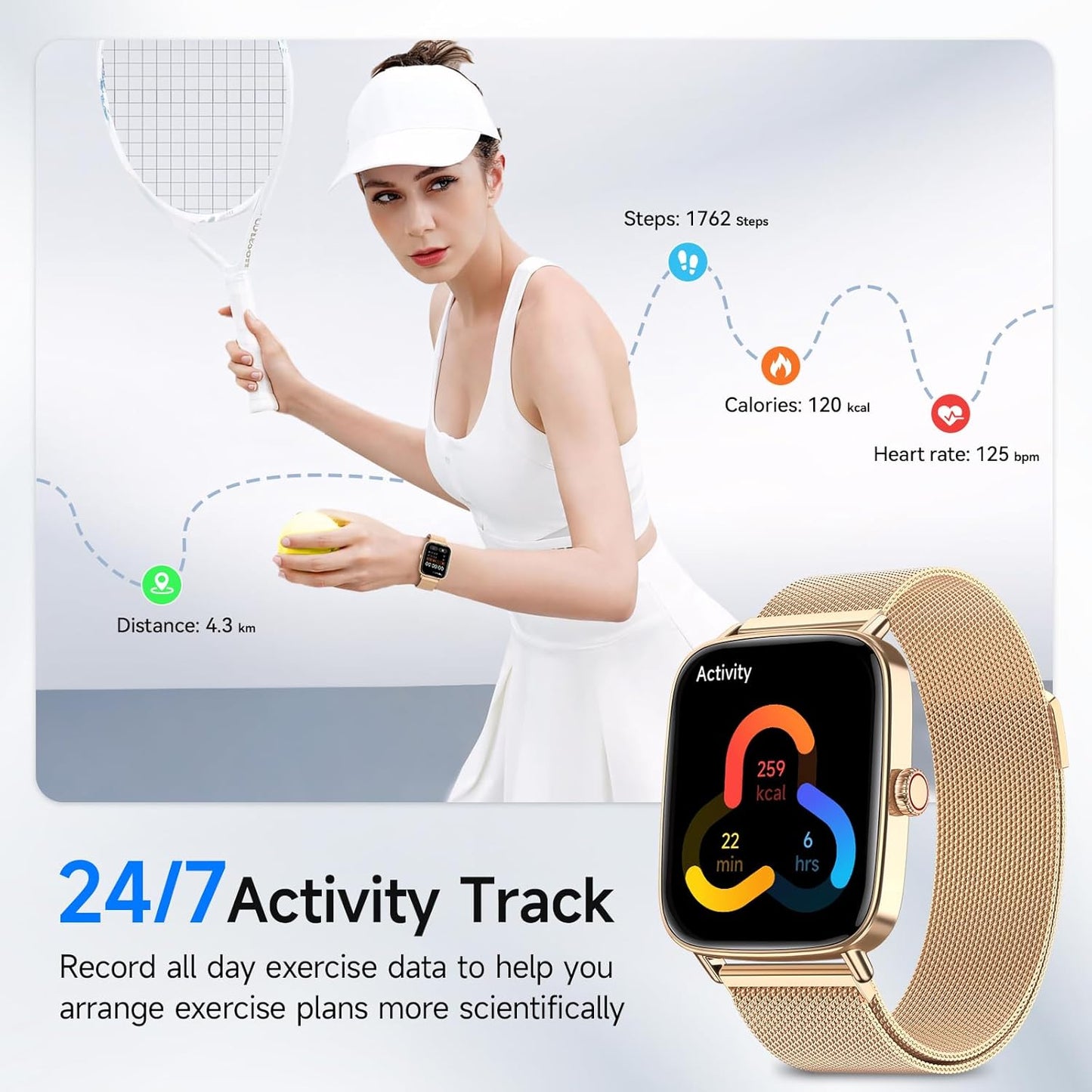 Smart Watch for Women, 1.85" HD Smartwatch Compatible iPhone/Samsung/Android (Answer/Make Calls), 100+ Sport Modes Fitness Tracker with Heart Rate/Sleep/SpO2 Monitor, IP68 Waterproof, with 2 Bands