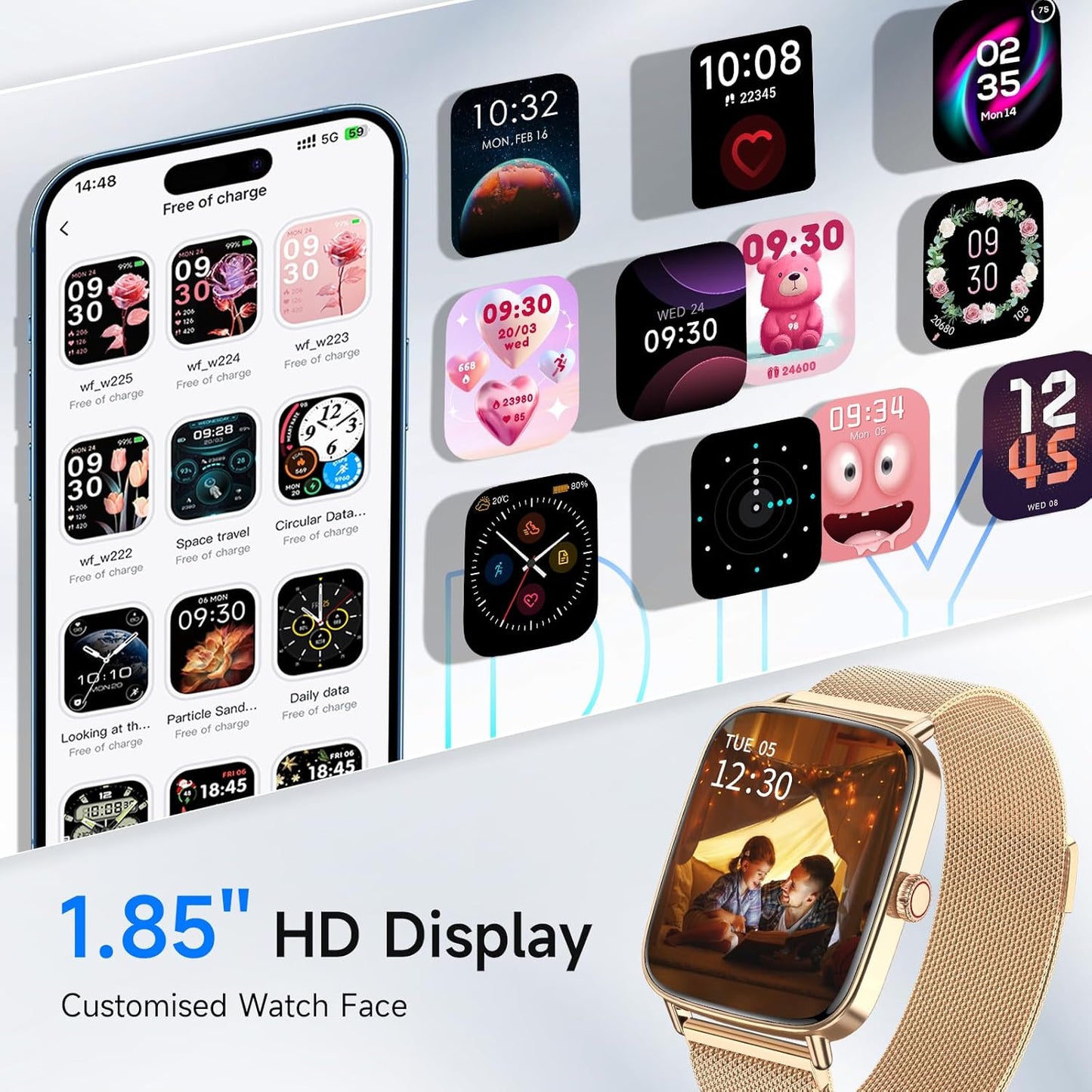 Smart Watch for Women, 1.85" HD Smartwatch Compatible iPhone/Samsung/Android (Answer/Make Calls), 100+ Sport Modes Fitness Tracker with Heart Rate/Sleep/SpO2 Monitor, IP68 Waterproof, with 2 Bands