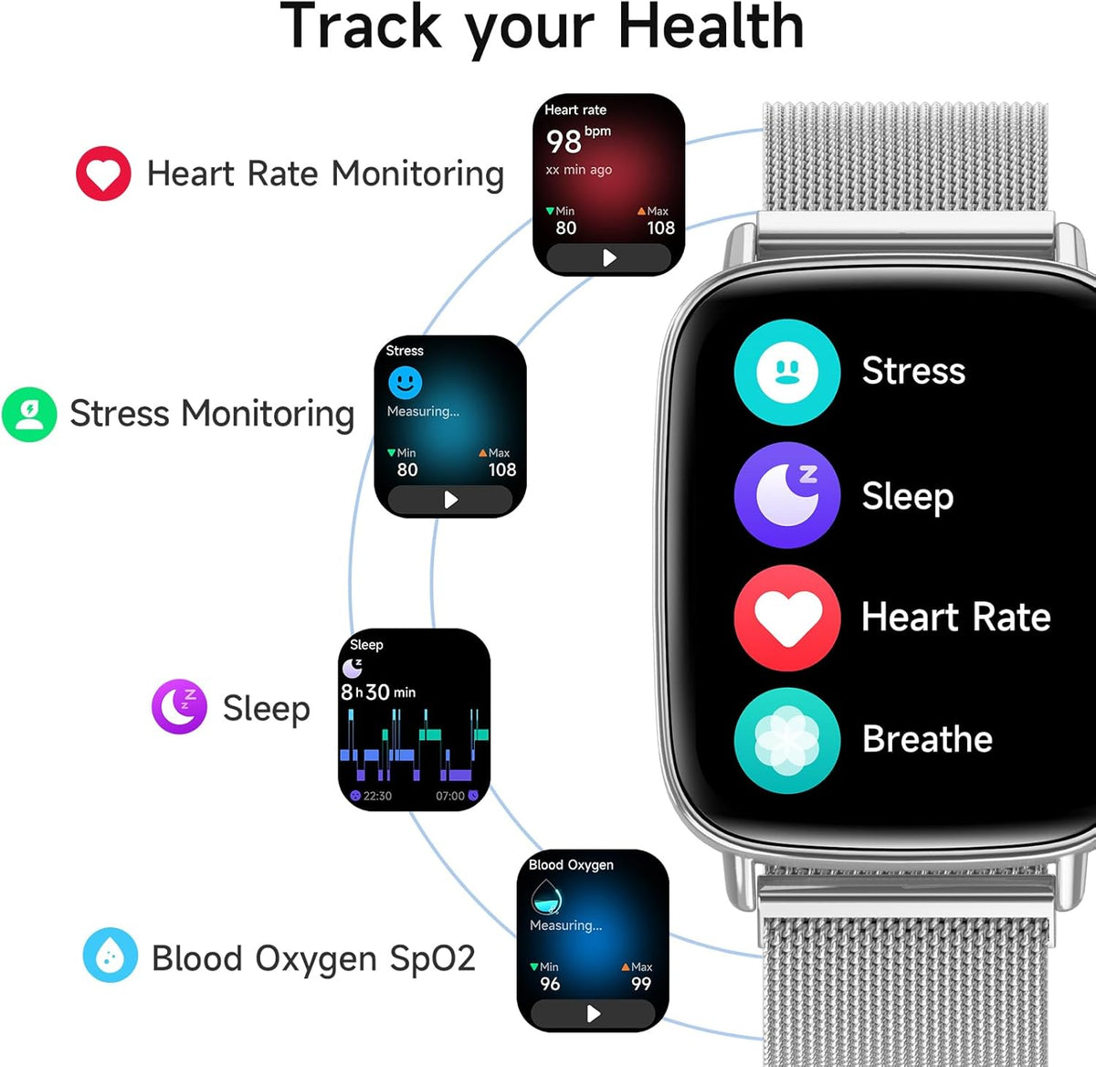 Smart Watch for Women, 1.85" HD Smartwatch Compatible iPhone/Samsung/Android (Answer/Make Calls), 100+ Sport Modes Fitness Tracker with Heart Rate/Sleep/SpO2 Monitor, IP68 Waterproof, with 2 Bands