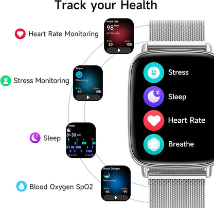 Smart Watch for Women, 1.85" HD Smartwatch Compatible iPhone/Samsung/Android (Answer/Make Calls), 100+ Sport Modes Fitness Tracker with Heart Rate/Sleep/SpO2 Monitor, IP68 Waterproof, with 2 Bands