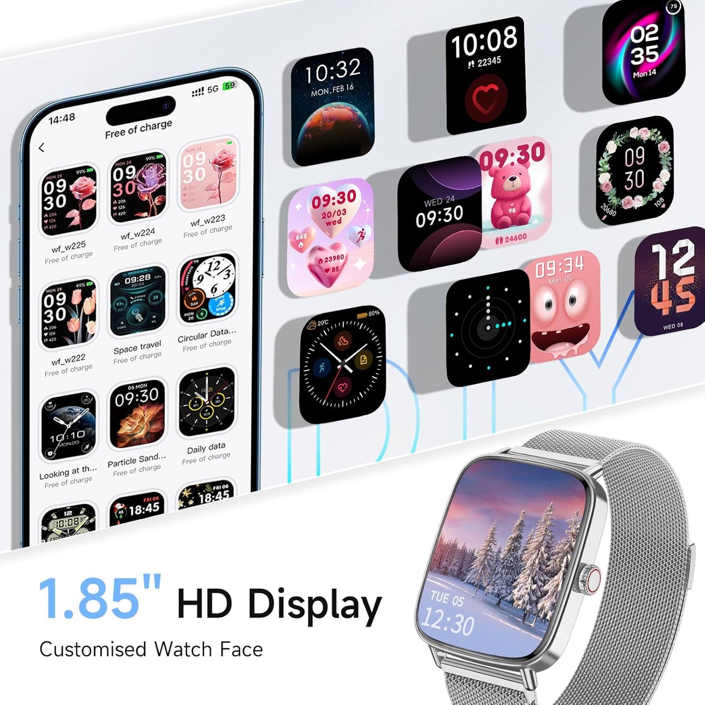 Smart Watch for Women, 1.85" HD Smartwatch Compatible iPhone/Samsung/Android (Answer/Make Calls), 100+ Sport Modes Fitness Tracker with Heart Rate/Sleep/SpO2 Monitor, IP68 Waterproof, with 2 Bands