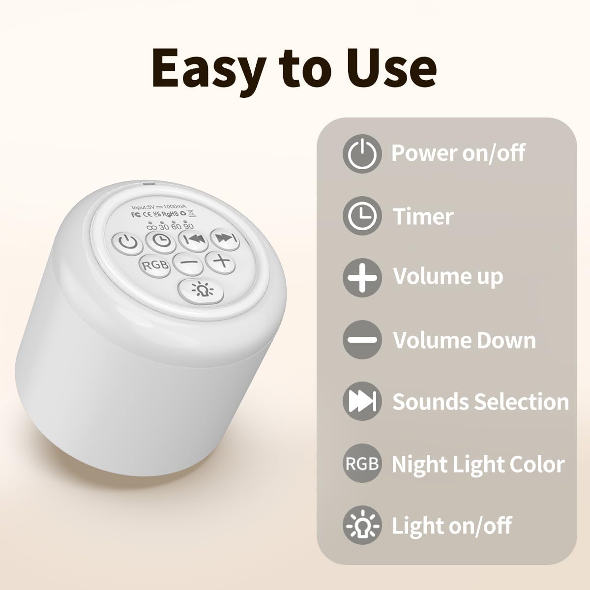 Sound Machine Night Light White Noise Brown Noise Machine 30 Non Looping Sounds 12 Lights 5 Timers 36 Adjustable Volume Memory Function Sleep Sounds Machine for Baby Kids Adult & Home Office Travel