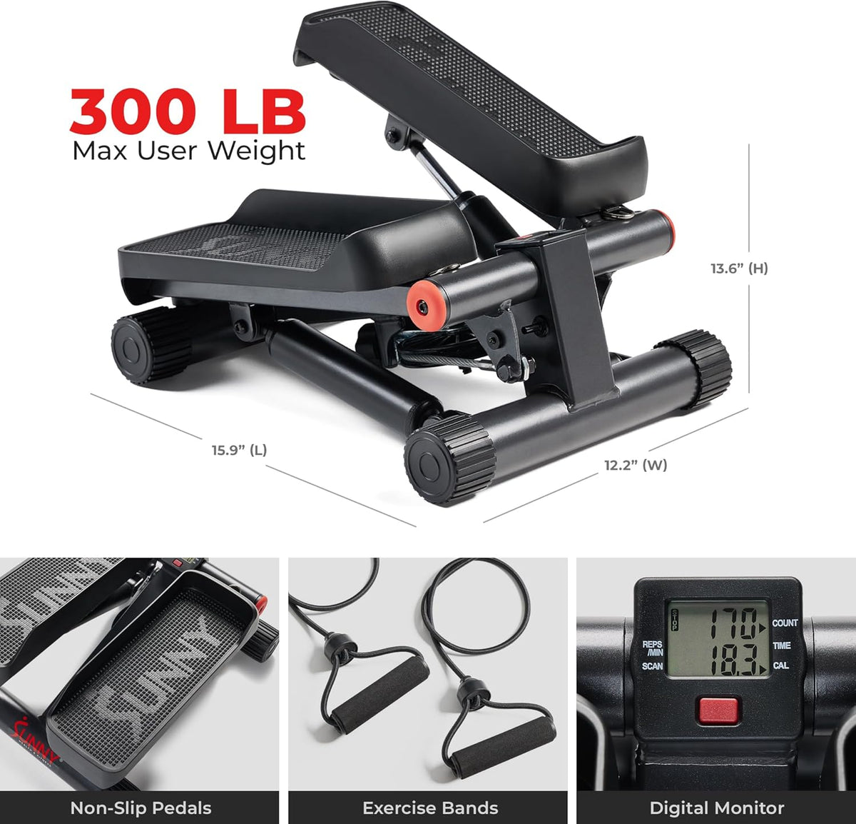 Mini Steppers for Exercise at Home, Stair Step Workout Machine with Resistance Bands, Full Body Cardio Equipment, Optional Free SunnyFit App Connection Smart Stepper