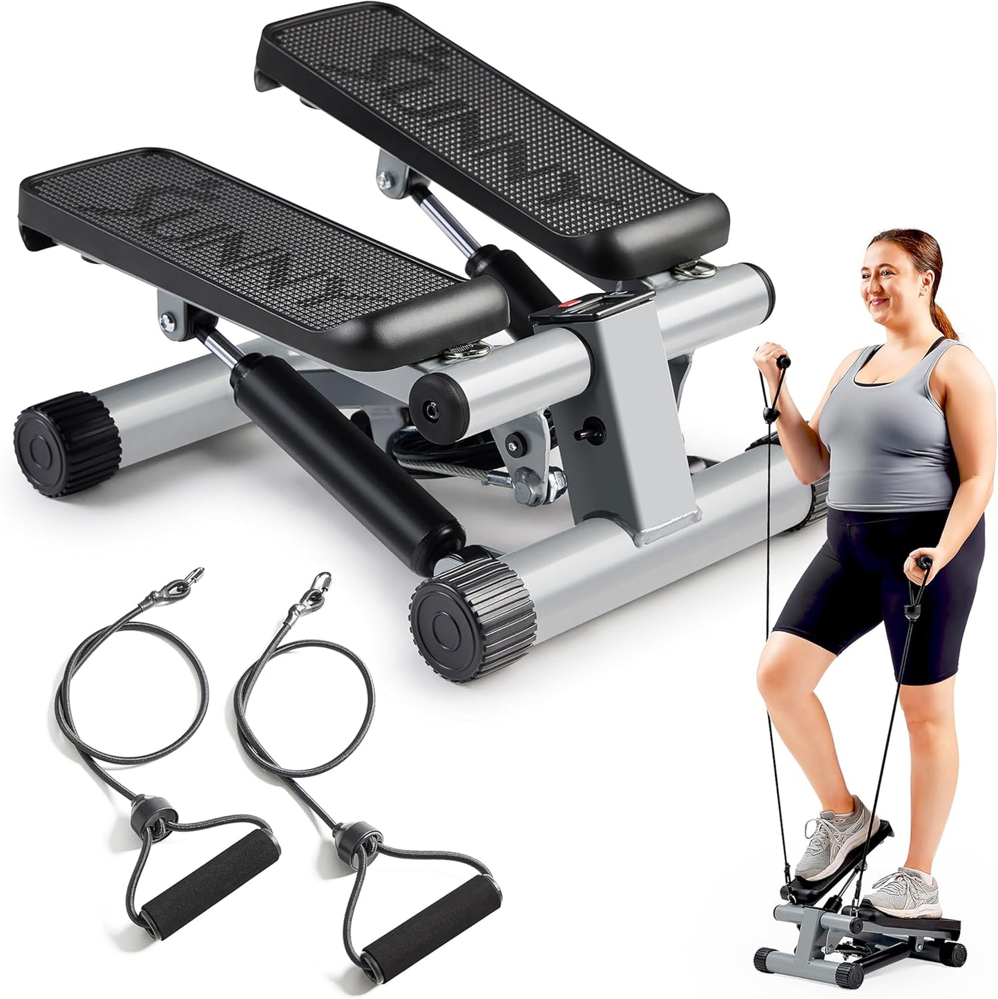 Mini Steppers for Exercise at Home, Stair Step Workout Machine with Resistance Bands, Full Body Cardio Equipment, Optional Free SunnyFit App Connection Smart Stepper