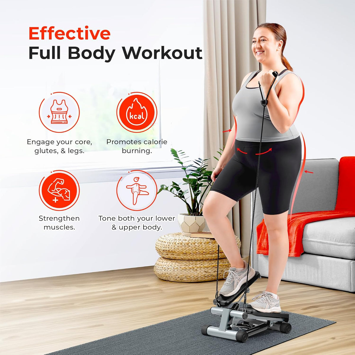 Mini Steppers for Exercise at Home, Stair Step Workout Machine with Resistance Bands, Full Body Cardio Equipment, Optional Free SunnyFit App Connection Smart Stepper