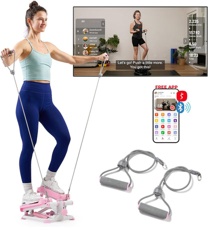 Mini Steppers for Exercise at Home, Stair Step Workout Machine with Resistance Bands, Full Body Cardio Equipment, Optional Free SunnyFit App Connection Smart Stepper