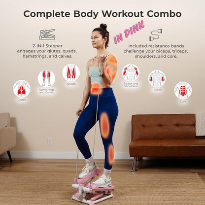 Mini Steppers for Exercise at Home, Stair Step Workout Machine with Resistance Bands, Full Body Cardio Equipment, Optional Free SunnyFit App Connection Smart Stepper