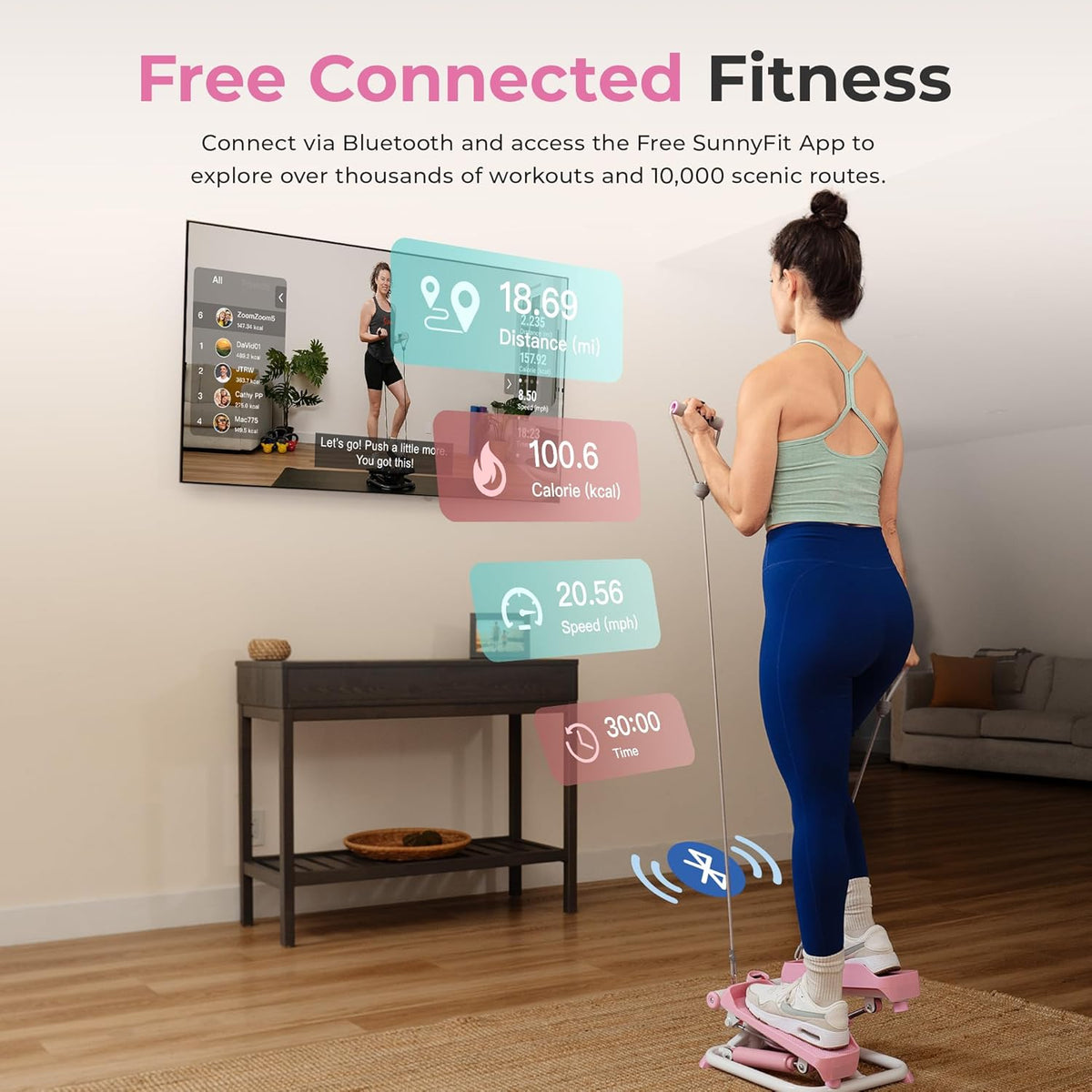 Mini Steppers for Exercise at Home, Stair Step Workout Machine with Resistance Bands, Full Body Cardio Equipment, Optional Free SunnyFit App Connection Smart Stepper