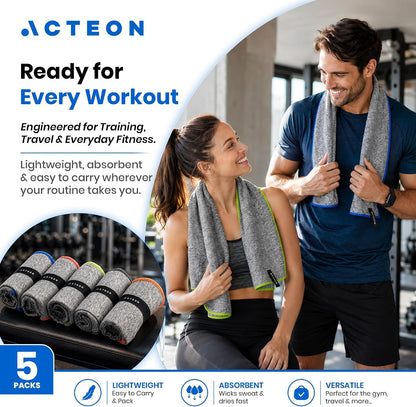 Microfiber Gym Towels 5 Pack, Quick Dry Silver ION Odor-Free Super Absorbent Sweat Towels for Men & Women, Workout, Yoga, Running, Beach, Travel – 16x30.5 Inch (Midnight Blue)