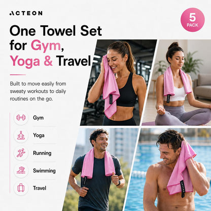 Microfiber Gym Towels 5 Pack, Quick Dry Silver ION Odor-Free Super Absorbent Sweat Towels for Men & Women, Workout, Yoga, Running, Beach, Travel – 16x30.5 Inch (Midnight Blue)