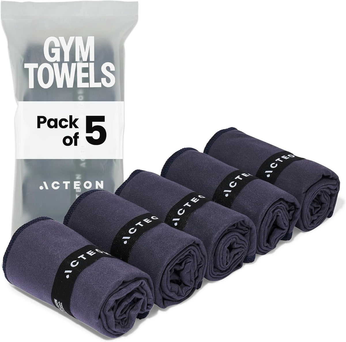 Microfiber Gym Towels 5 Pack, Quick Dry Silver ION Odor-Free Super Absorbent Sweat Towels for Men & Women, Workout, Yoga, Running, Beach, Travel – 16x30.5 Inch (Midnight Blue)