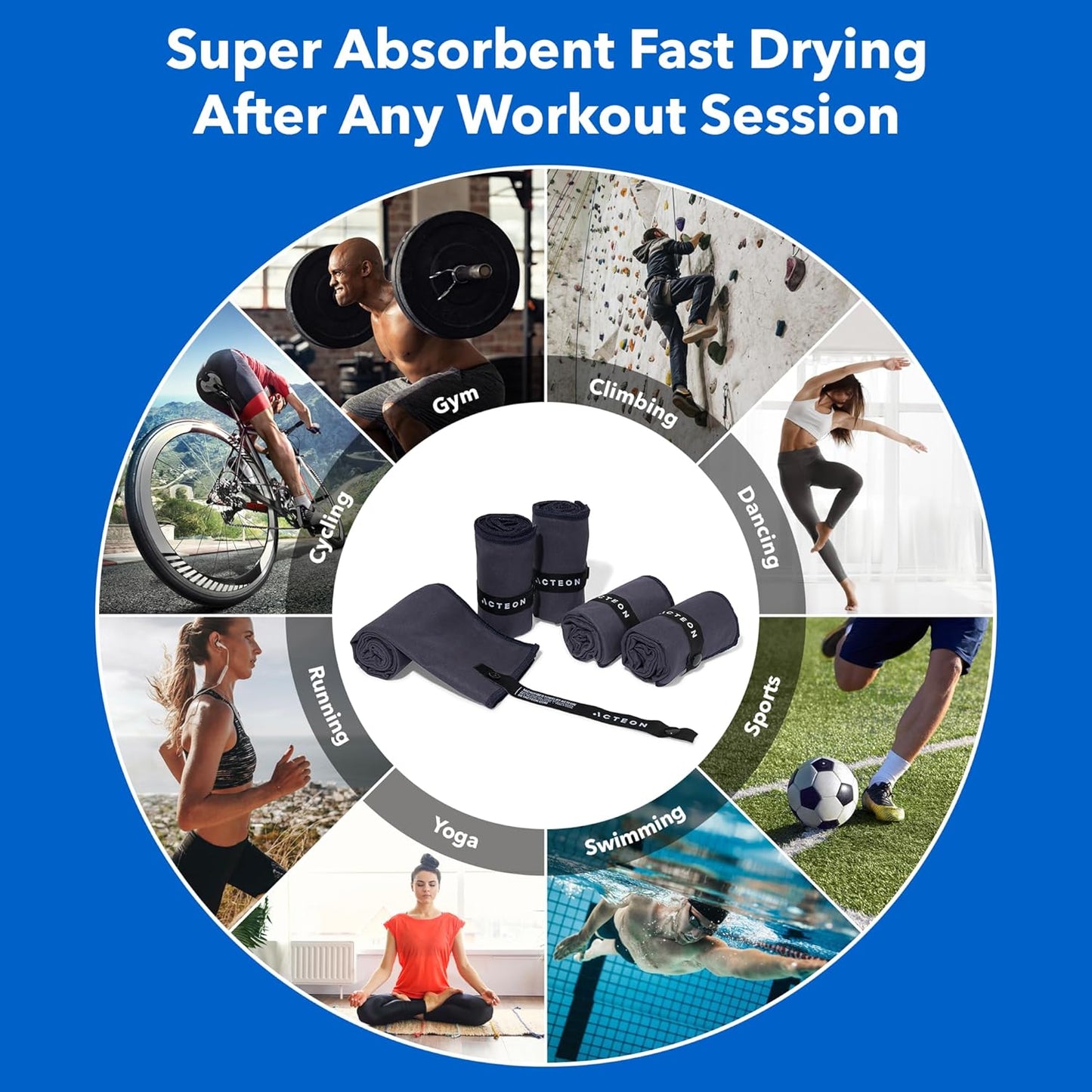 Microfiber Gym Towels 5 Pack, Quick Dry Silver ION Odor-Free Super Absorbent Sweat Towels for Men & Women, Workout, Yoga, Running, Beach, Travel – 16x30.5 Inch (Midnight Blue)