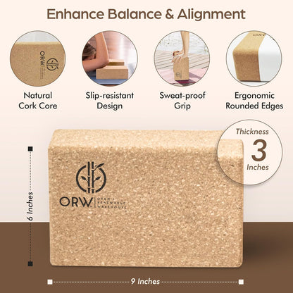 ORW Cork Yoga Block, FSC Natural Cork, Non Slip, 9”x6”x3”, 1.5lb, Pilates