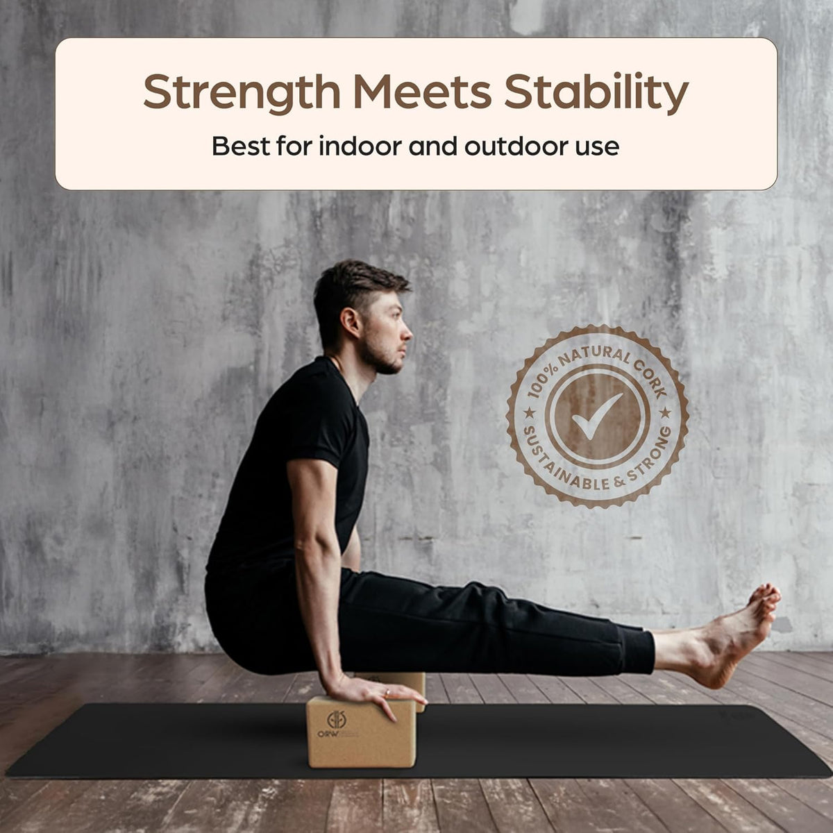 ORW Cork Yoga Block, FSC Natural Cork, Non Slip, 9”x6”x3”, 1.5lb, Pilates