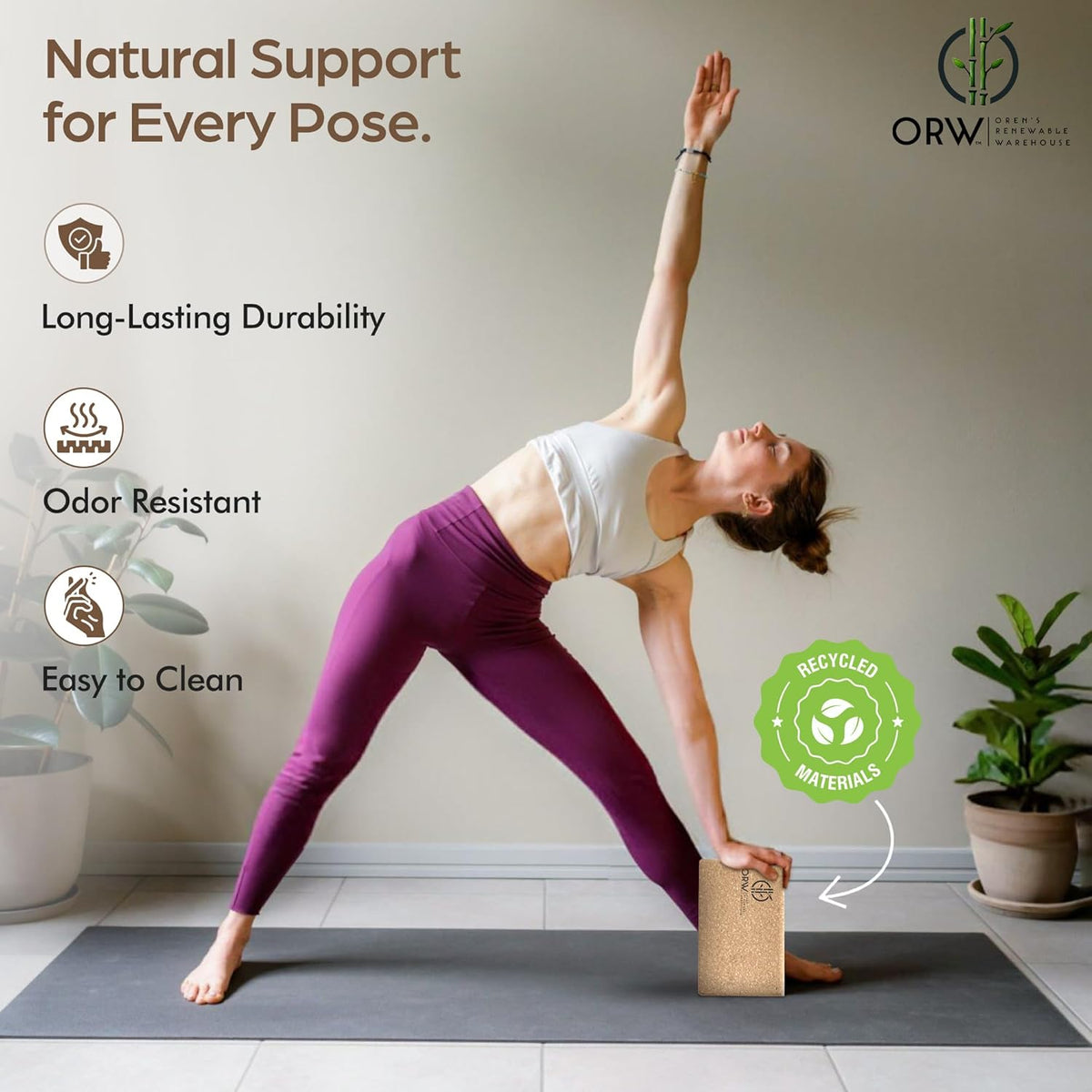 ORW Cork Yoga Block, FSC Natural Cork, Non Slip, 9”x6”x3”, 1.5lb, Pilates